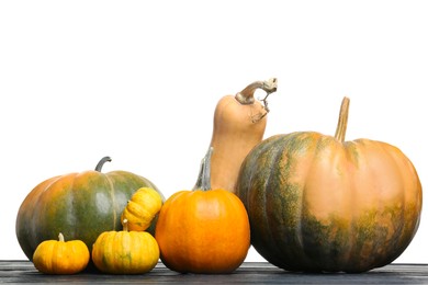 Photo of Happy Thanksgiving day. Different pumpkins on black wooden table against white background