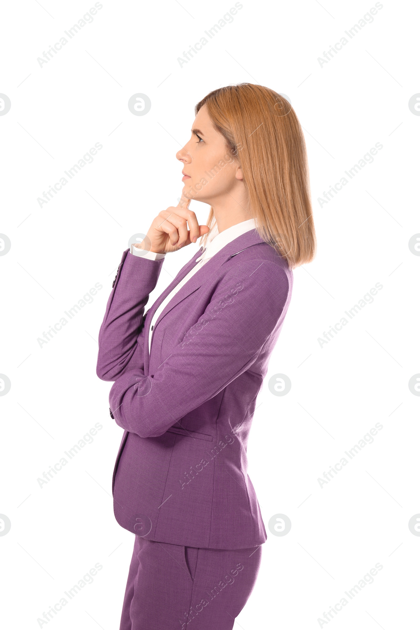 Photo of Portrait of pensive businesswoman on white background