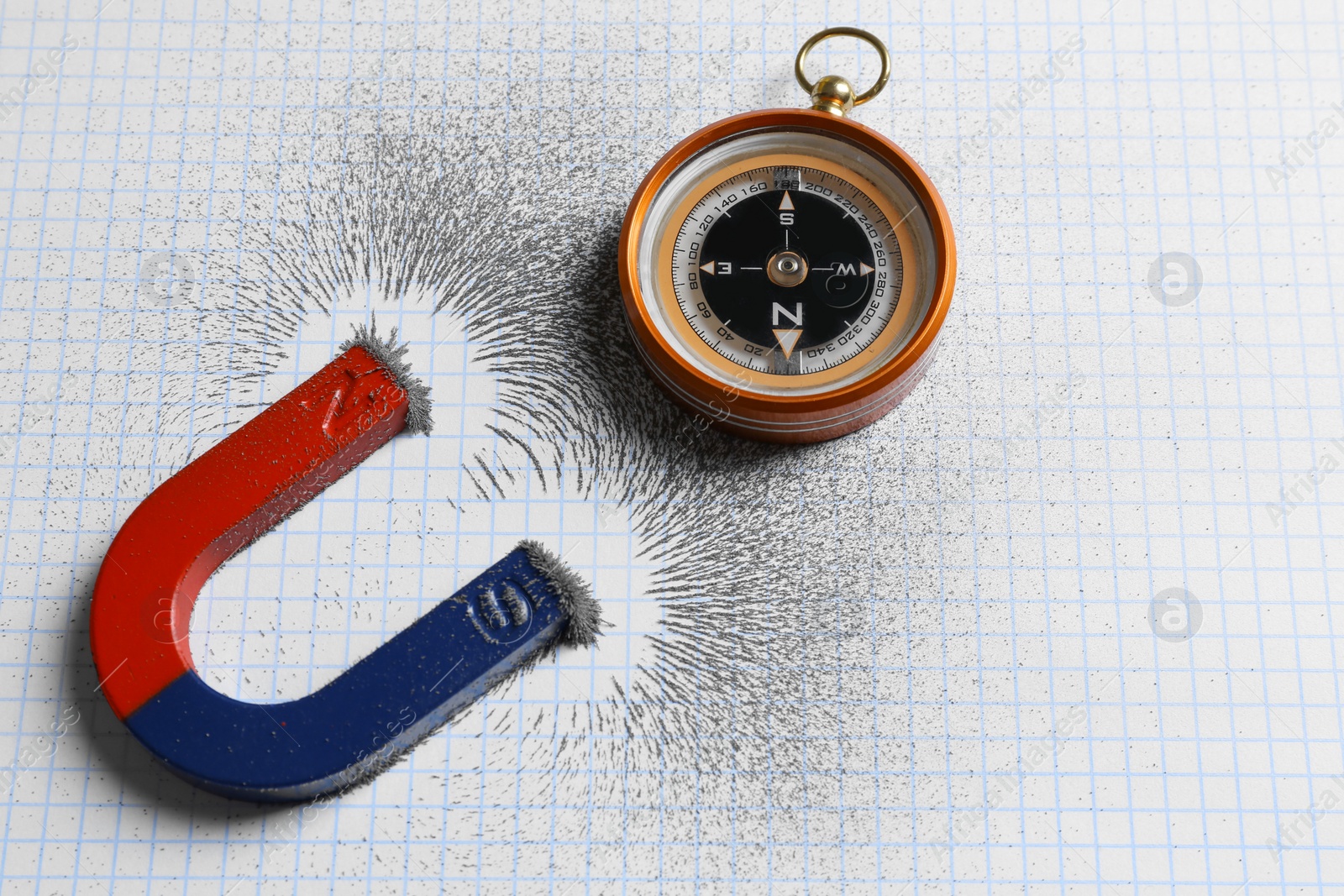 Photo of Compass and magnet with iron powder on squared paper