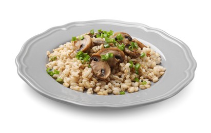 Delicious pearl barley with onion and mushrooms isolated on white