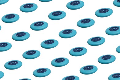 Image of Set of blue frisbee on white background