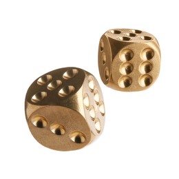 Image of Two golden dice in air on white background