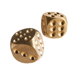 Two golden dice in air on white background