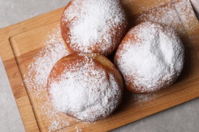 Delicious sweet buns on table, top view