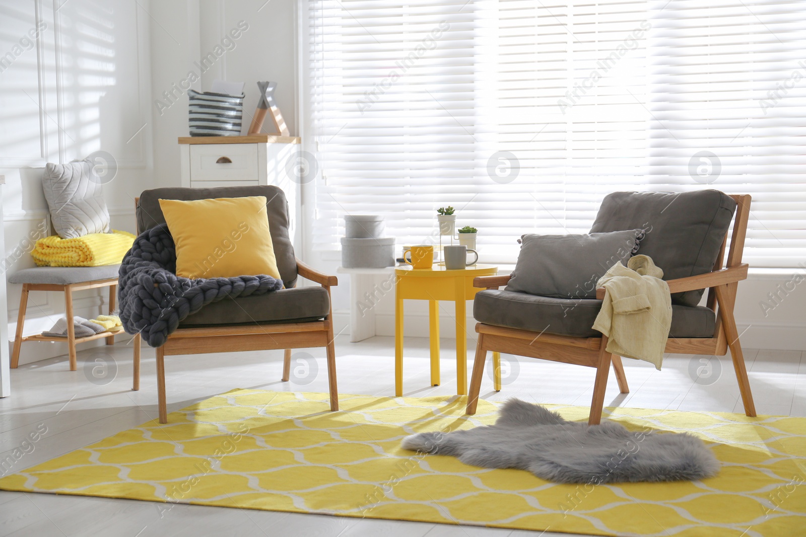 Photo of Armchairs with pillows and plaid in living room. Interior design