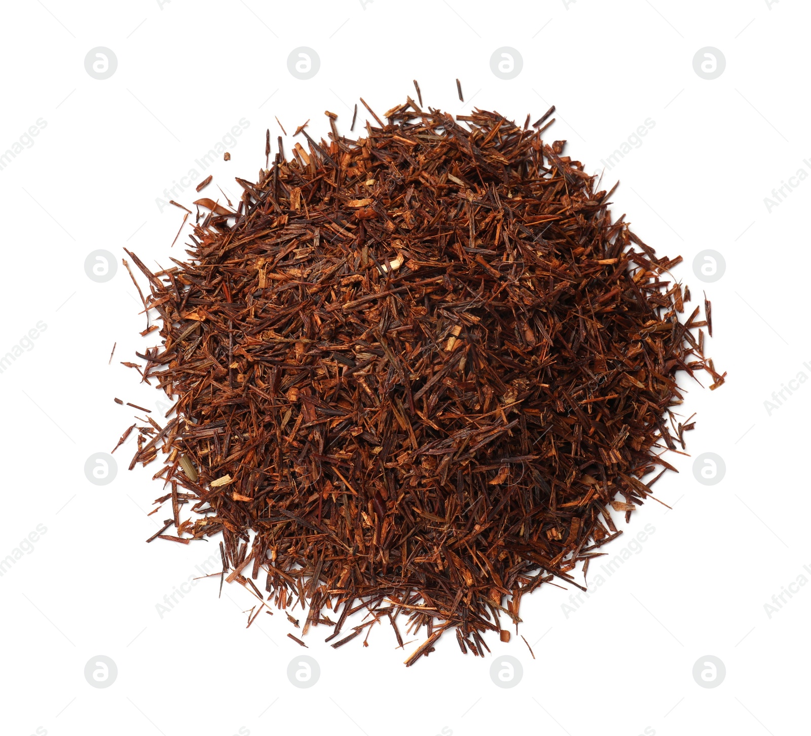 Photo of Heap of rooibos tea isolated on white, top view