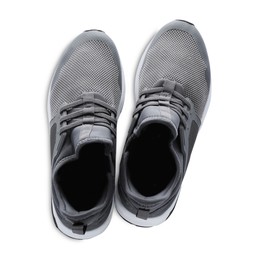 Pair of stylish grey sneakers on white background, top view