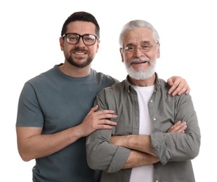 Happy son and his dad on white background