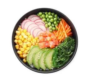 Photo of Delicious salad with salmon, vegetables and seaweed in bowl isolated on white, top view