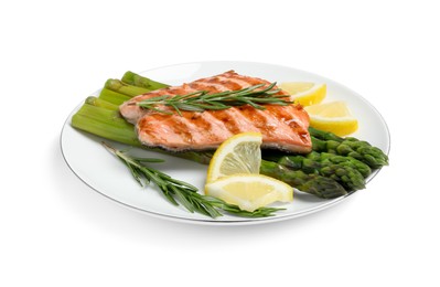 Photo of Tasty grilled salmon with asparagus, lemon and rosemary on white background