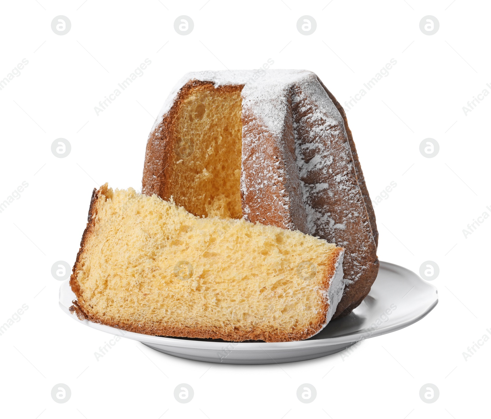 Photo of Delicious Pandoro cake decorated with powdered sugar on white background. Traditional Italian pastry