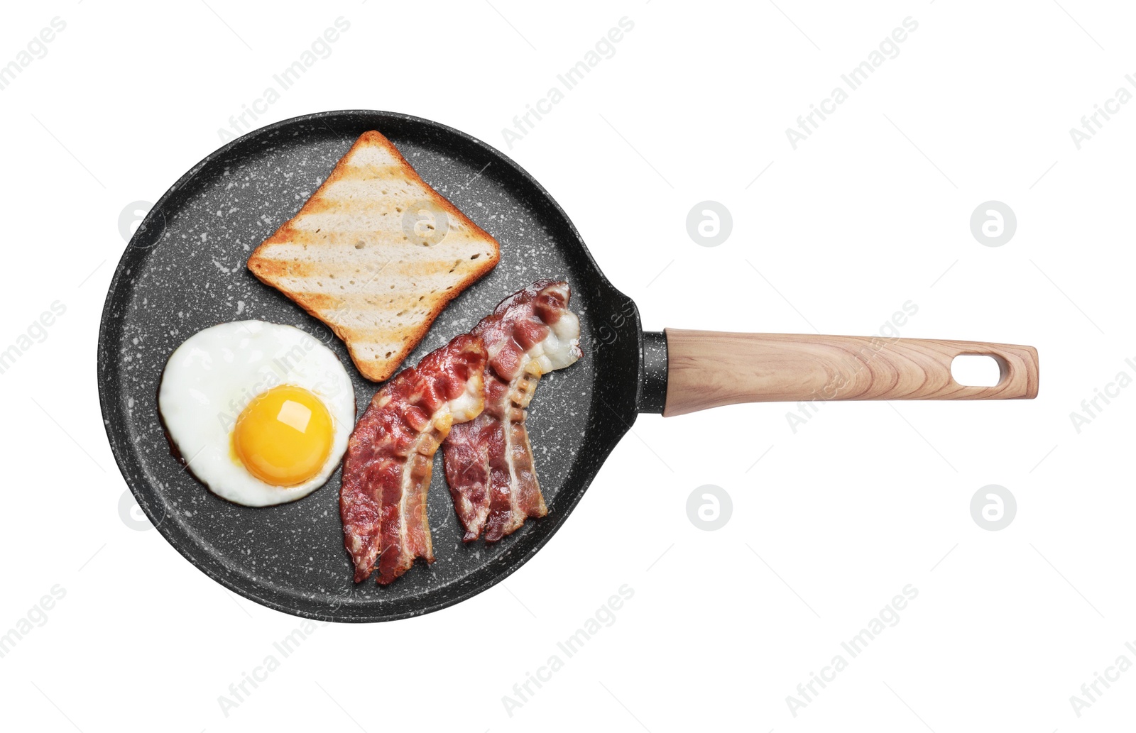 Photo of Frying pan with delicious fried egg, bacon and toast isolated on white, top view