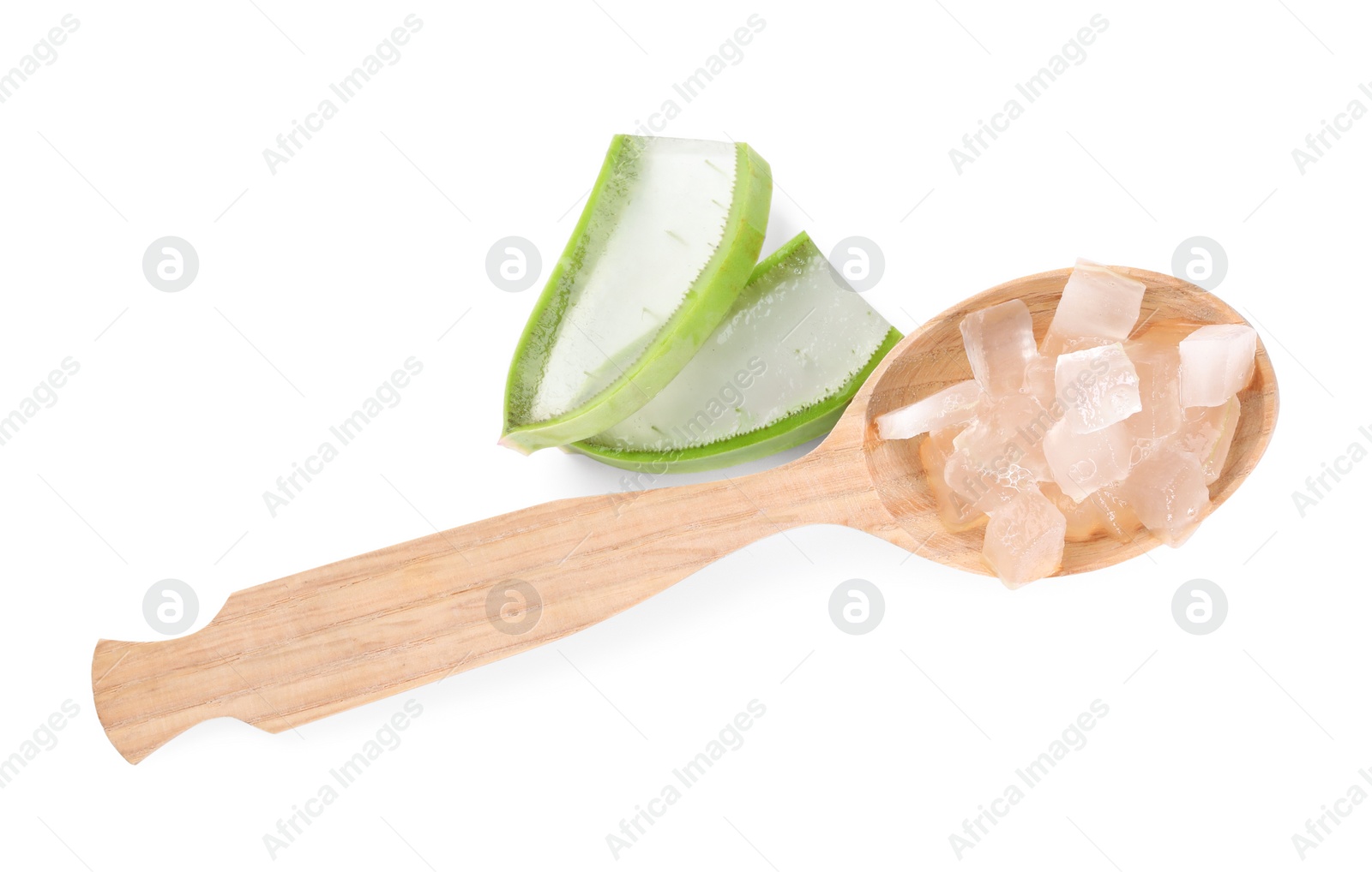 Photo of Aloe vera gel in spoon and slices of plant isolated on white, top view