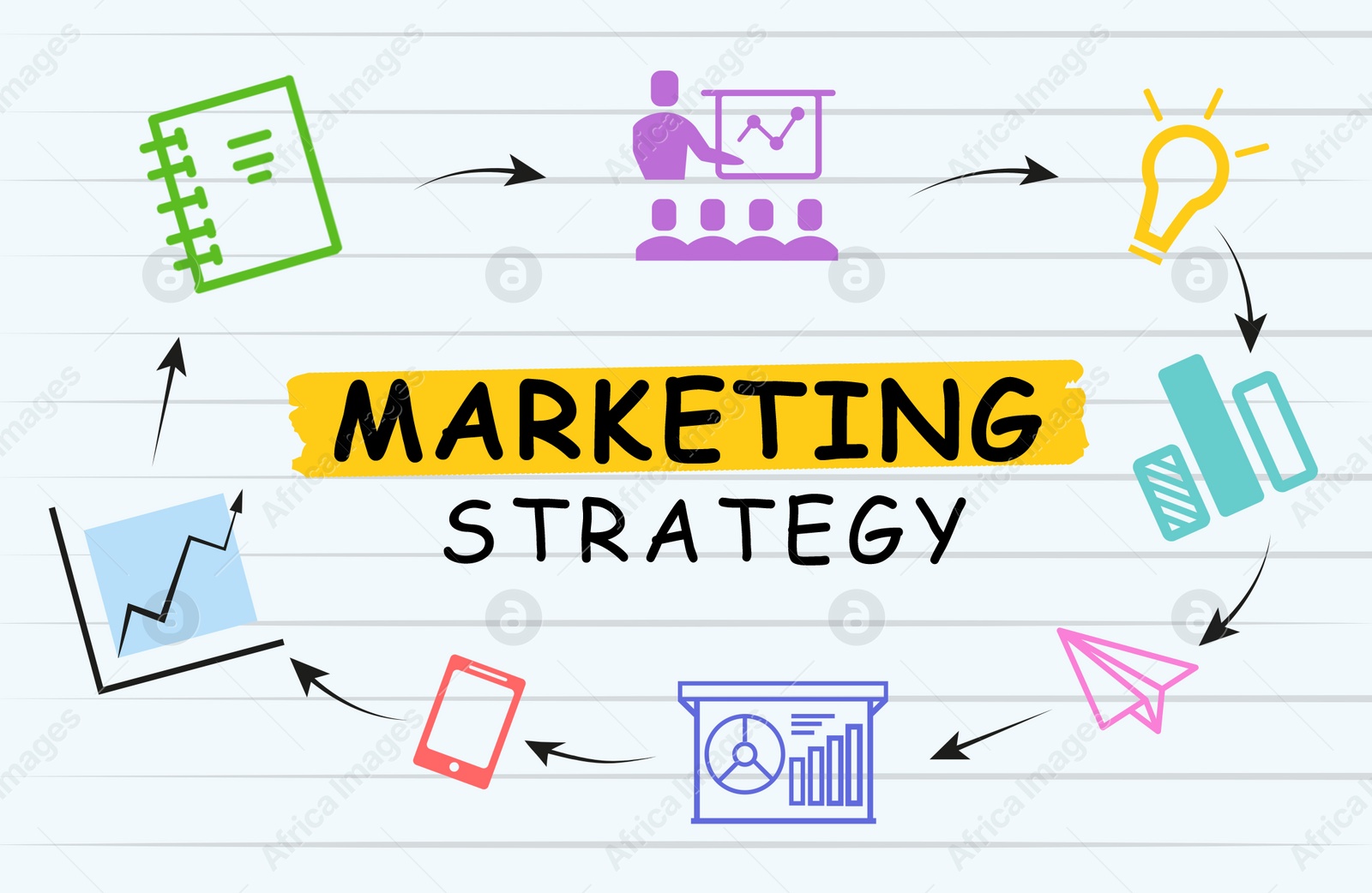 Image of Marketing strategy scheme with illustrations on light background