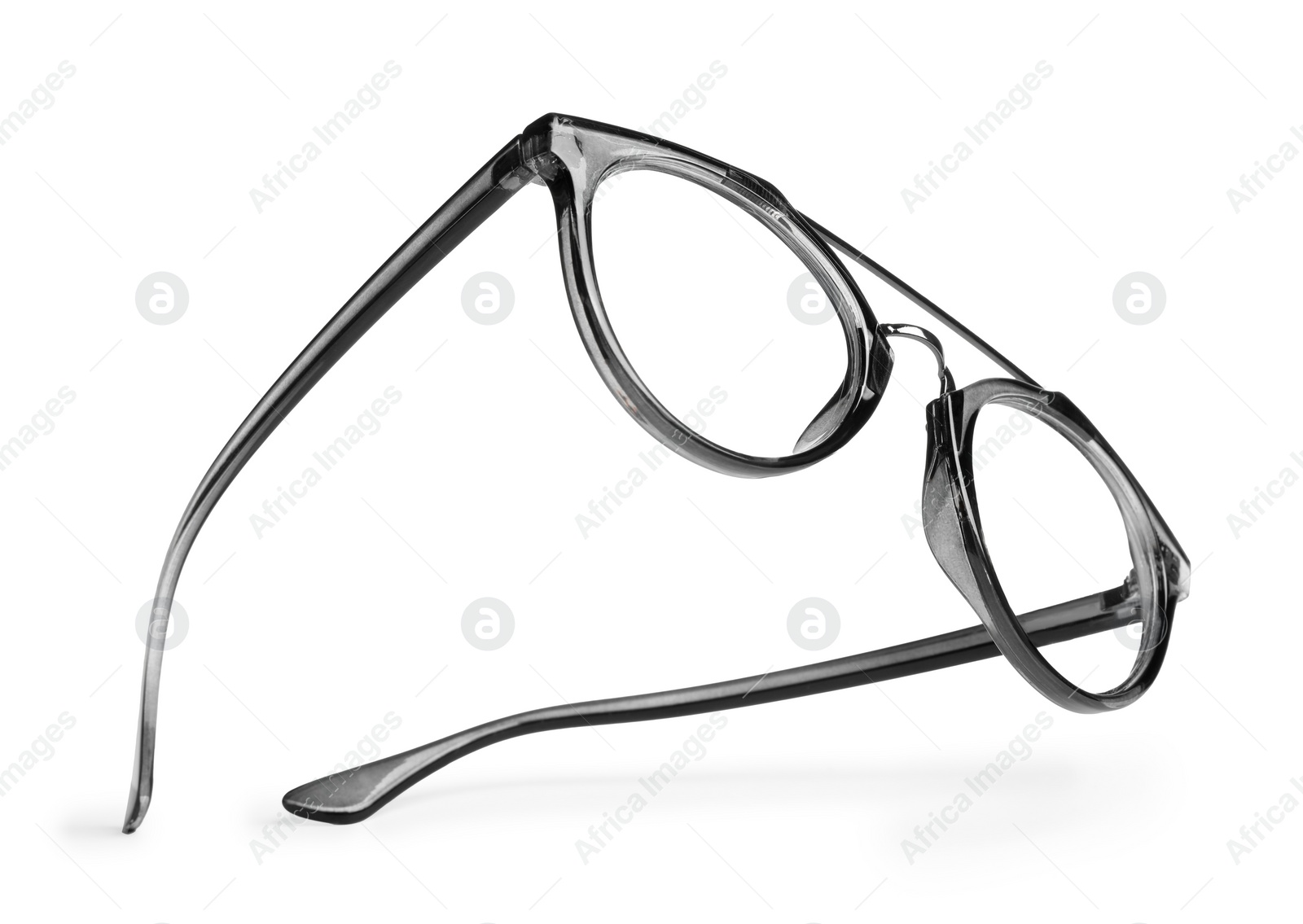 Photo of Stylish glasses with grey frame isolated on white