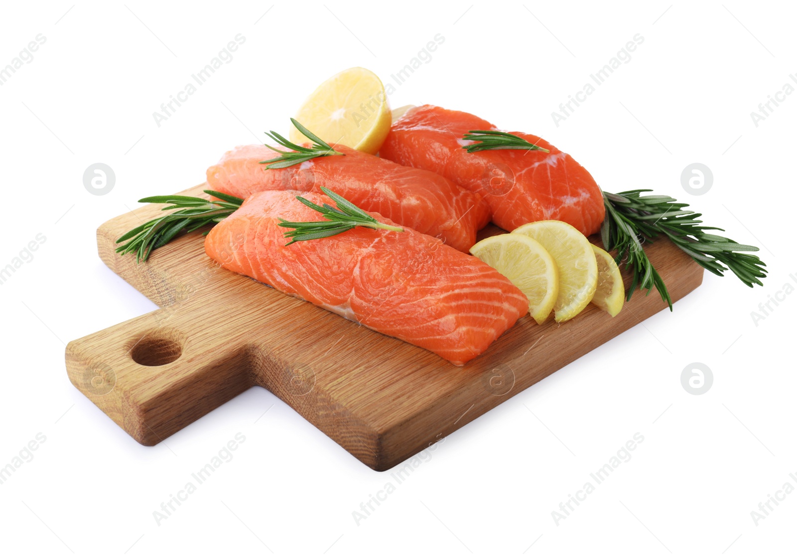 Photo of Pieces of fresh raw salmon, rosemary and lemon slices isolated on white