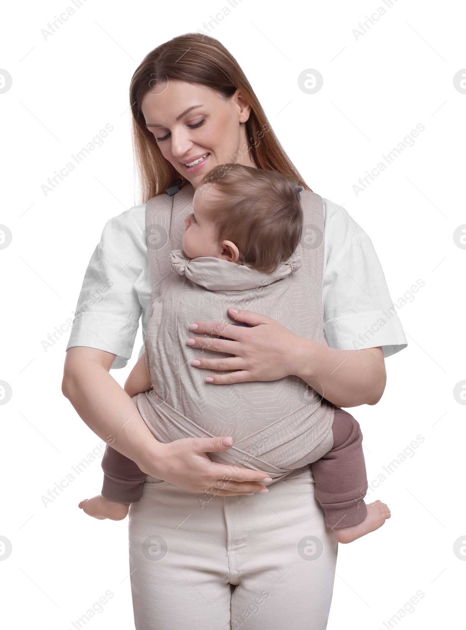 Photo of Mother holding her child in sling (baby carrier) on white background