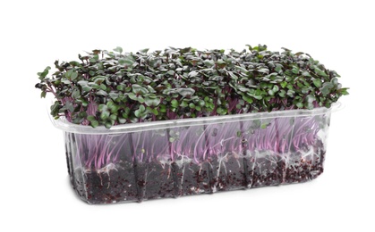 Fresh organic microgreen in plastic container on white background