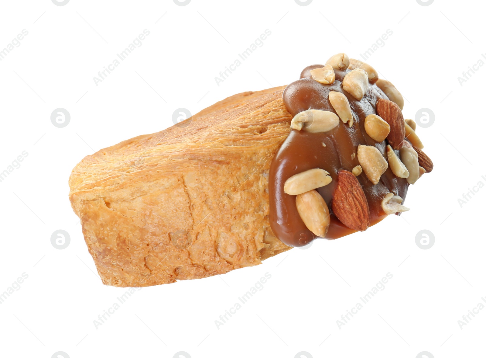 Photo of One supreme croissant with chocolate paste and nuts on white background. Tasty puff pastry