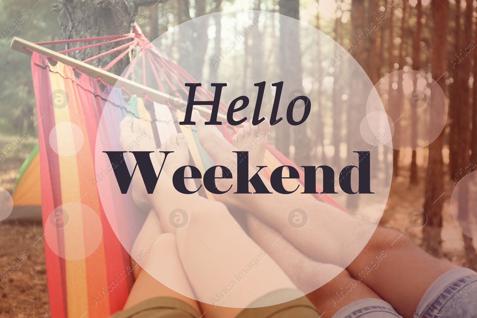 Image of Hello Weekend. Couple resting in hammock outdoors on summer day, closeup of legs