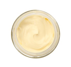 Photo of Jar of delicious mayonnaise isolated on white, top view