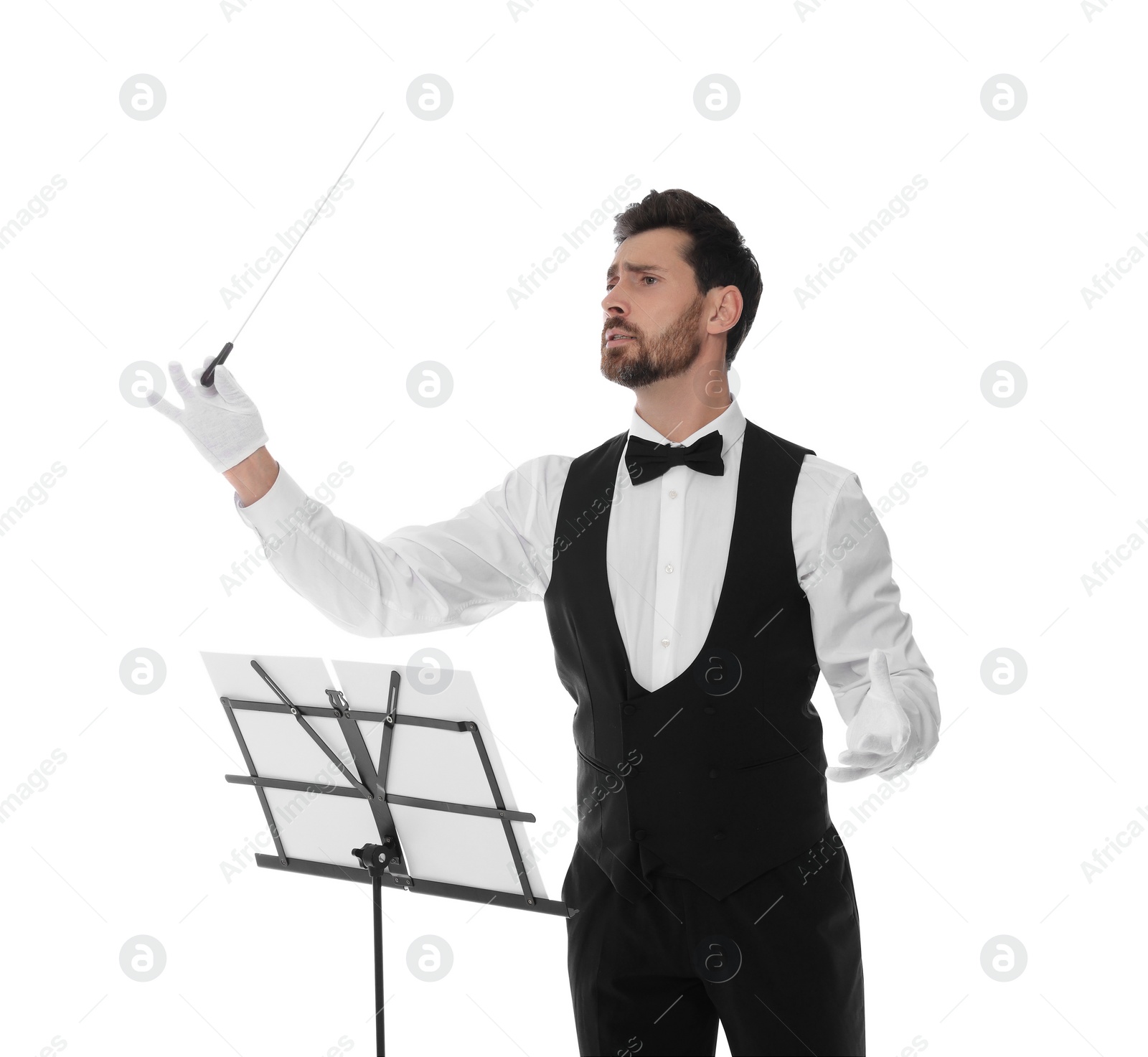 Photo of Professional conductor with baton and note stand on white background