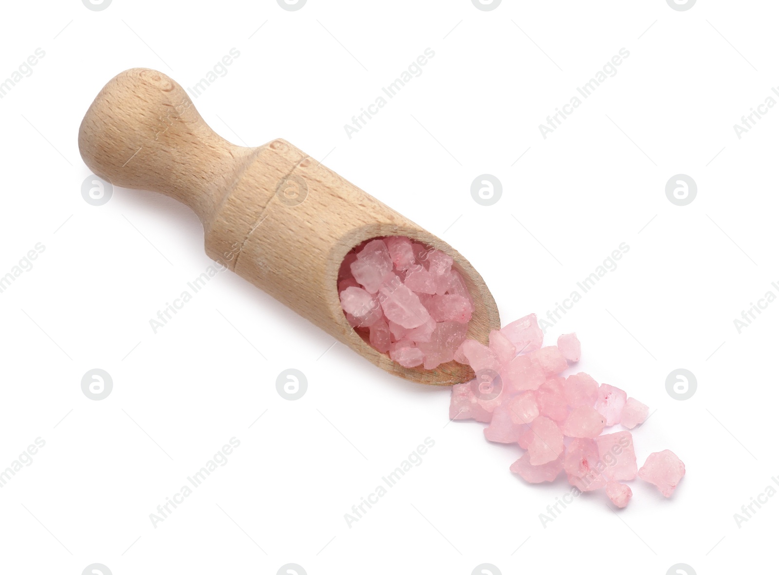 Photo of Scoop with pink sea salt isolated on white, top view