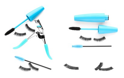 Set with beautiful false eyelashes, black mascara, curler and brushes on white background, top view