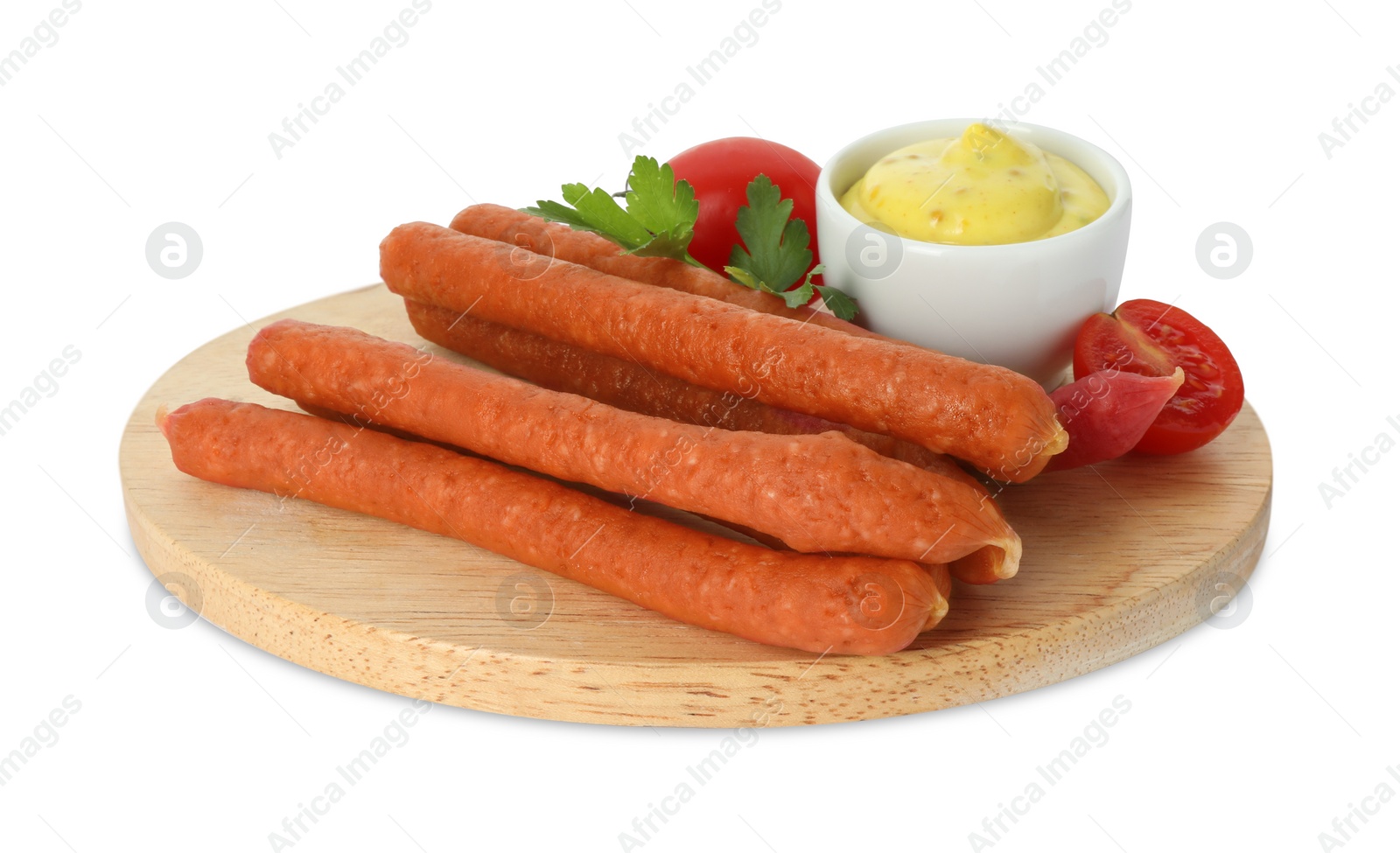 Photo of Thin dry smoked sausages with tomatoes and sauce isolated on white