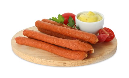 Photo of Thin dry smoked sausages with tomatoes and sauce isolated on white