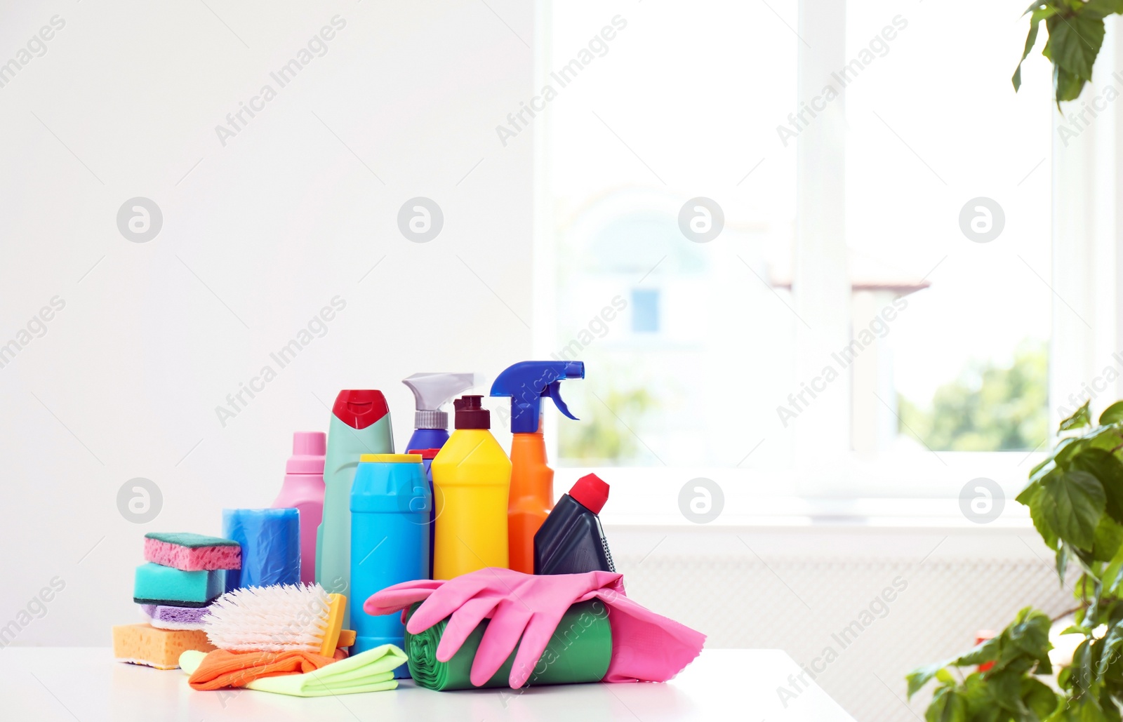 Photo of Set of cleaning supplies on table indoors