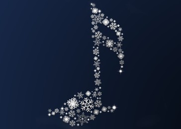 Illustration of Christmas melody. Music note shape made of snowflakes on dark blue background. Illustration design