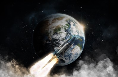 Image of Rocket flying near planet in deep space