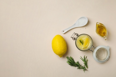 Fresh ingredients for homemade effective acne remedy on light background