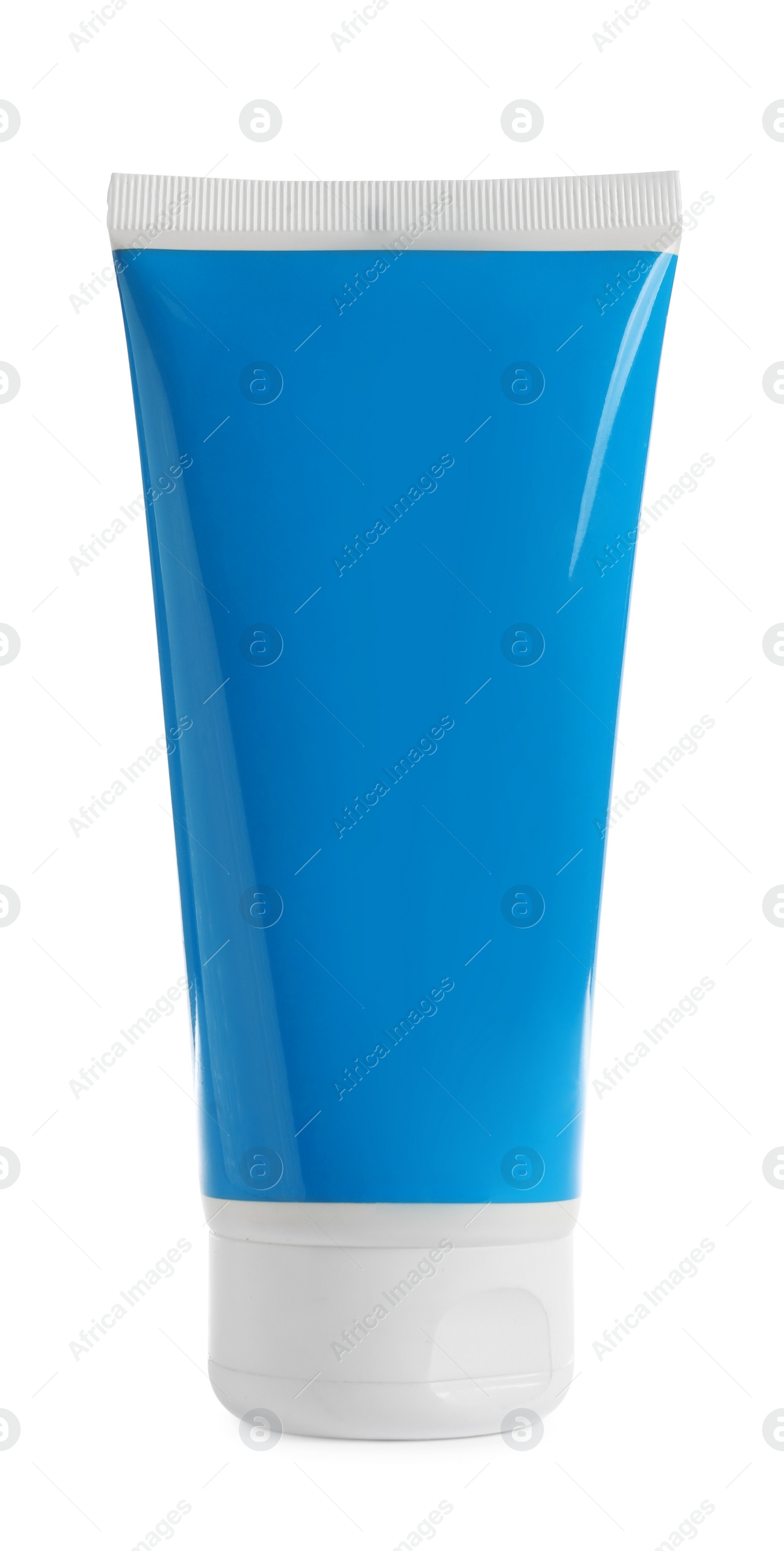 Photo of Blue tube with sun protection body cream on white background. Cosmetic product