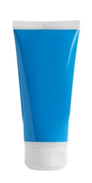 Photo of Blue tube with sun protection body cream on white background. Cosmetic product