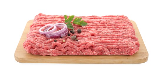 Board with raw ground meat, onion, peppercorns and parsley isolated on white