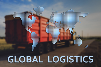 Image of Global logistics concept. Truck on country road and world map