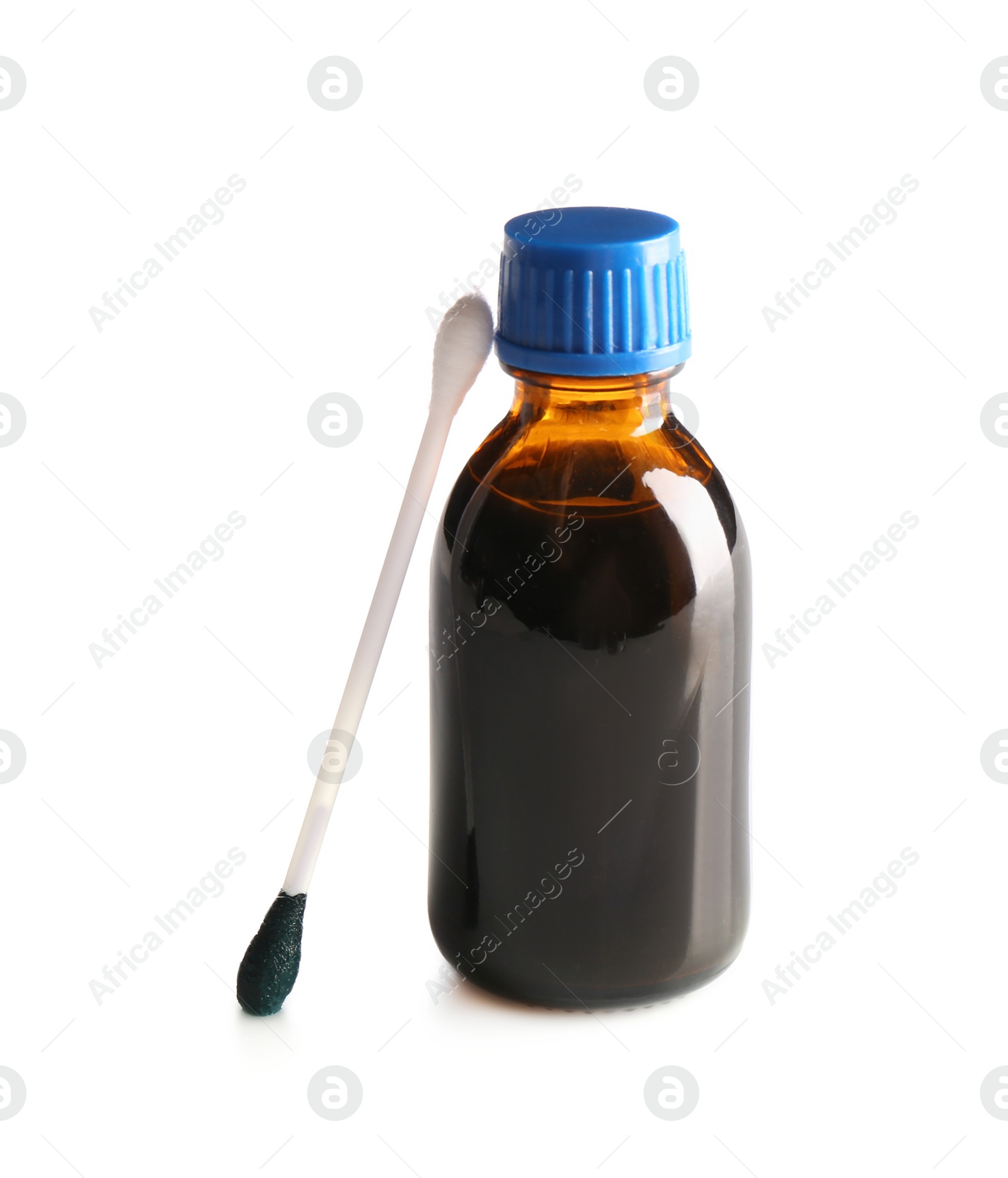 Photo of Bottle of brilliant green and cotton bud on white background