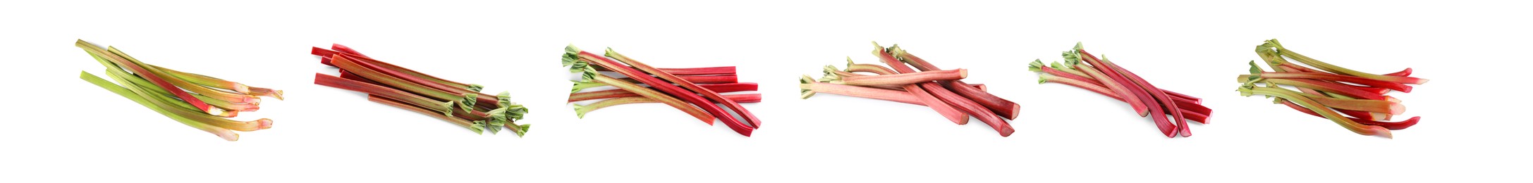 Image of Set with fresh rhubarb stalks isolated on white