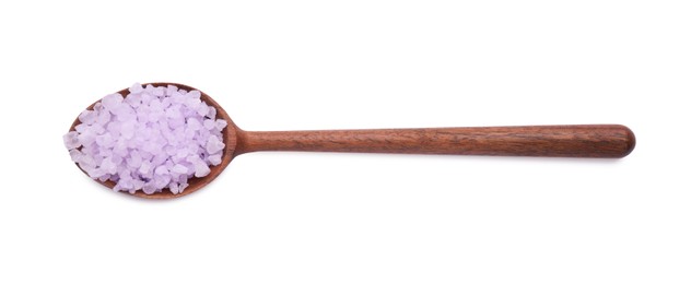 Photo of Wooden spoon with violet sea salt isolated on white, top view