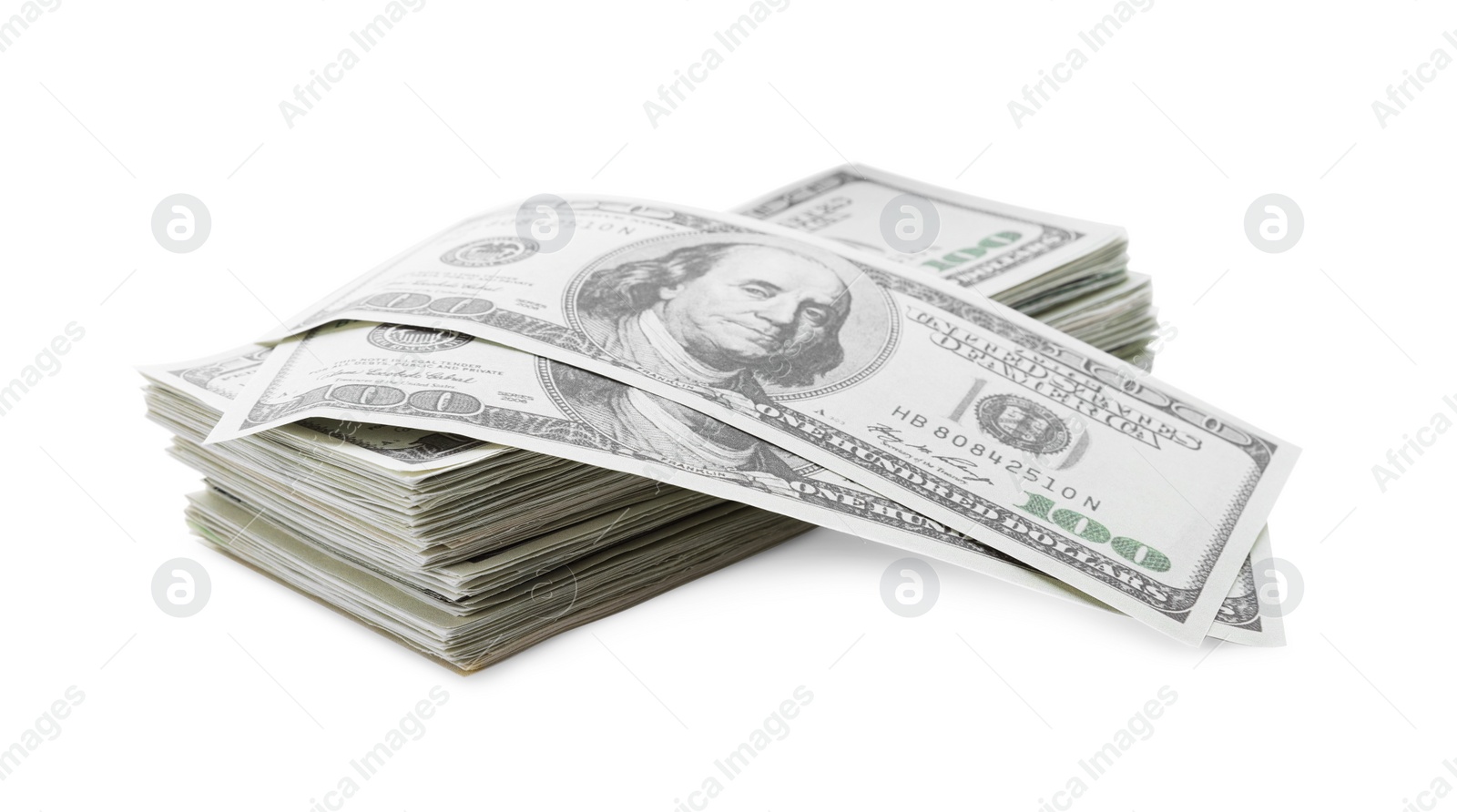 Photo of Many dollar banknotes on white background. American national currency