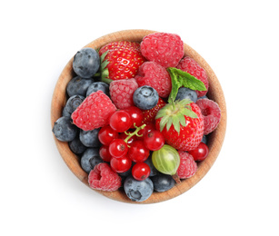 Photo of Mix of different fresh berries and mint in bowl on white background, top view