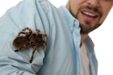 Photo of Man with tarantula at home, closeup. Arachnophobia (fear of spiders)