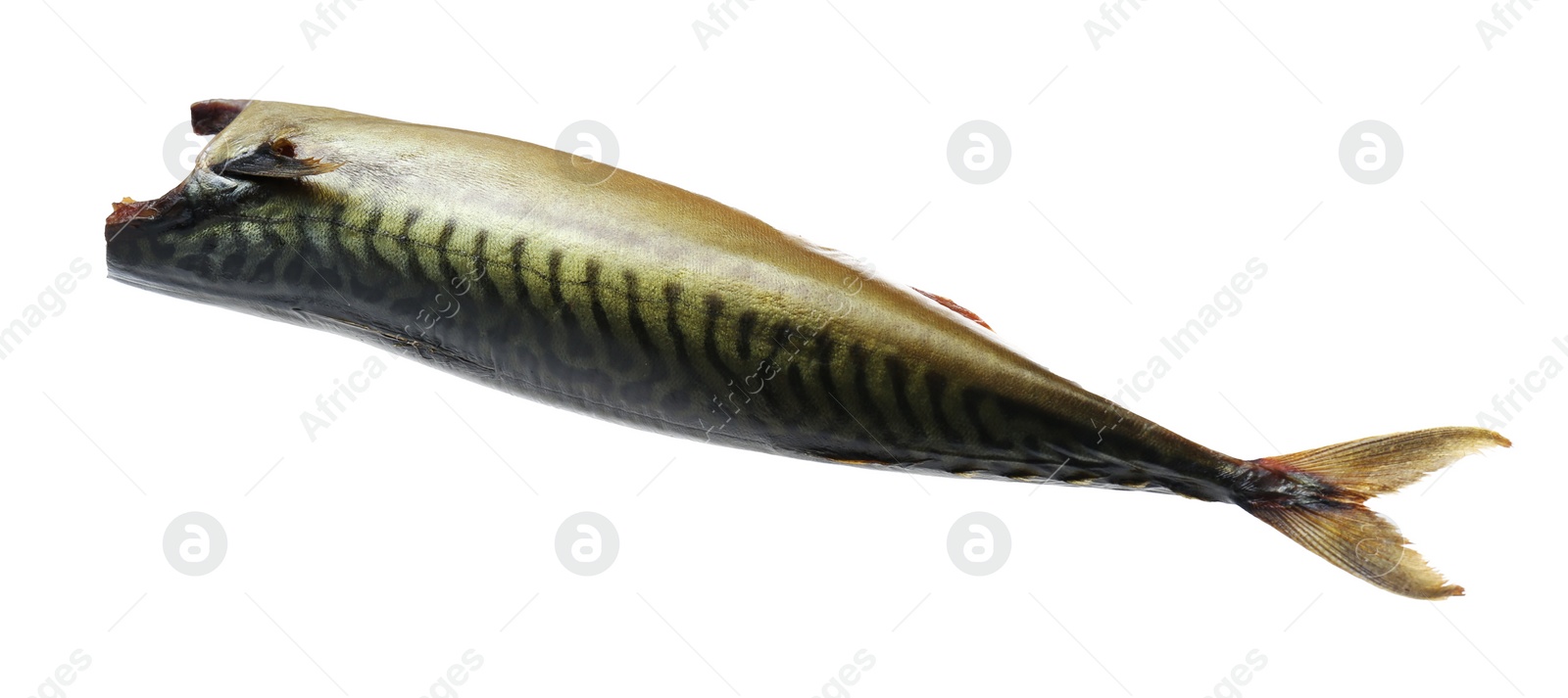 Photo of Delicious smoked mackerel isolated on white. Seafood product