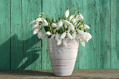 Photo of Beautiful snowdrops in vase near green fence