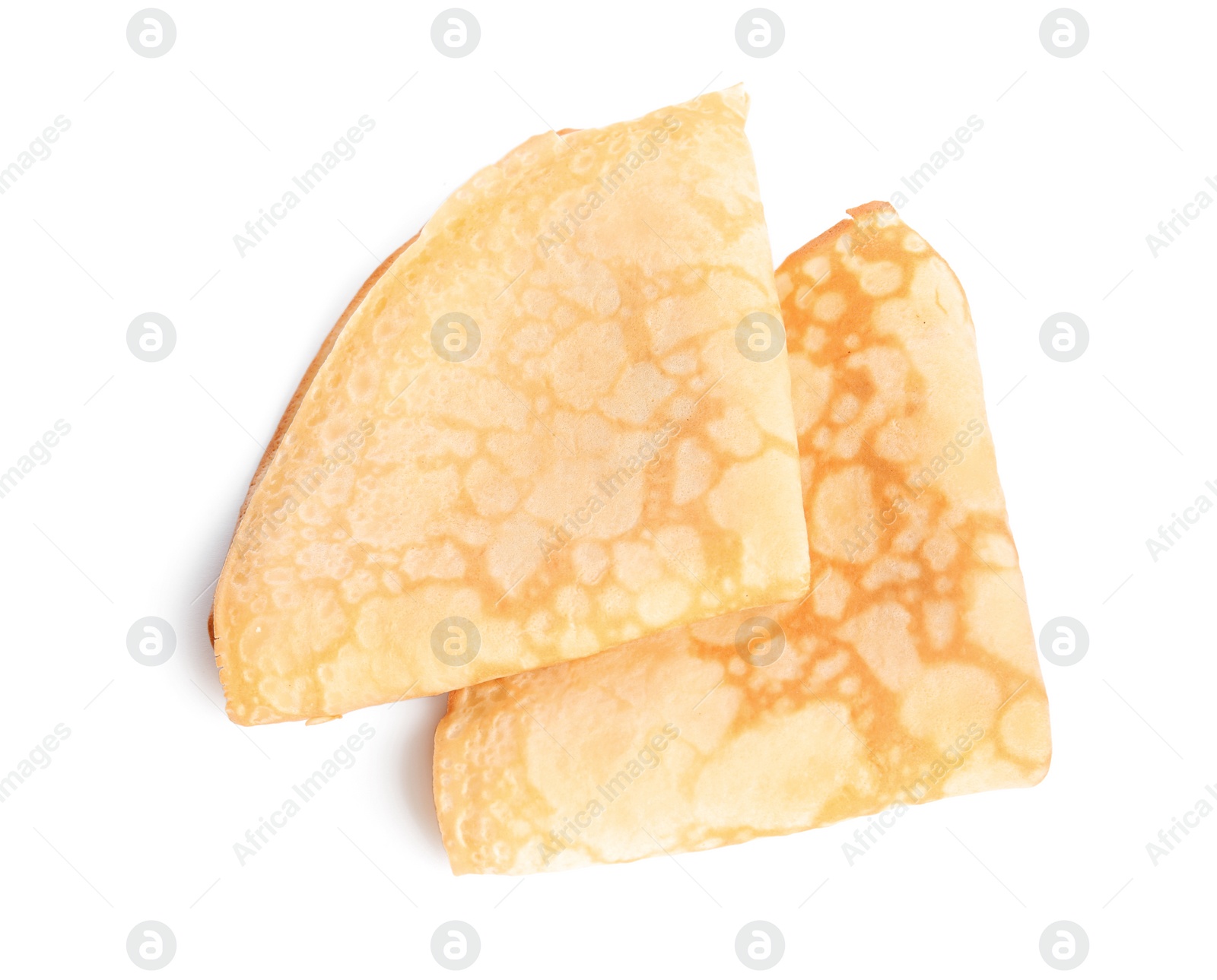 Photo of Folded fresh thin pancakes isolated on white, top view