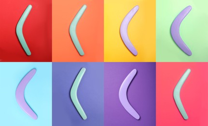 Image of Collage with photos of boomerangs on different color backgrounds, top view 