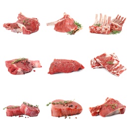 Image of Set with raw meat on white background