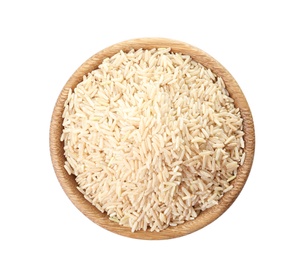 Bowl with uncooked brown rice on white background, top view